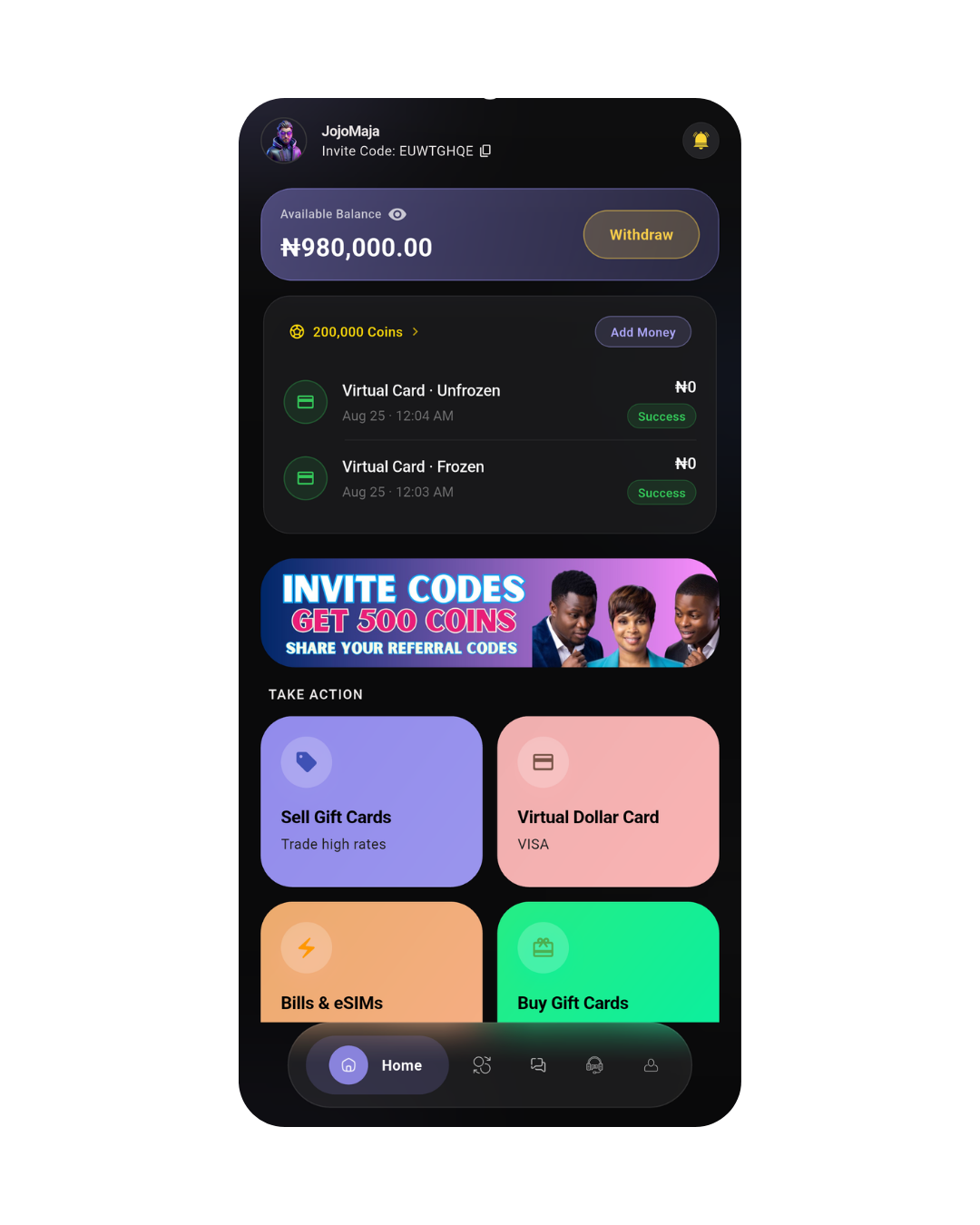 Hook app showing wallet balance, gift card trading, virtual dollar card and bill payment options