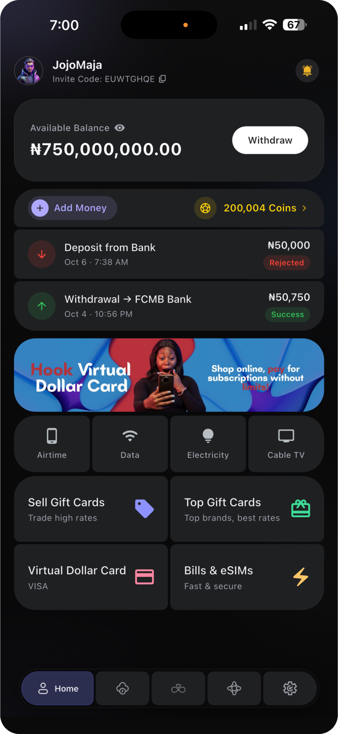 Hook app showing wallet balance, gift card trading, virtual dollar card and bill payment options